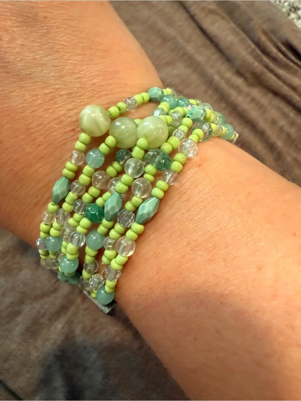 Multi-Strand Green Beaded Bracelet with Silver Accent